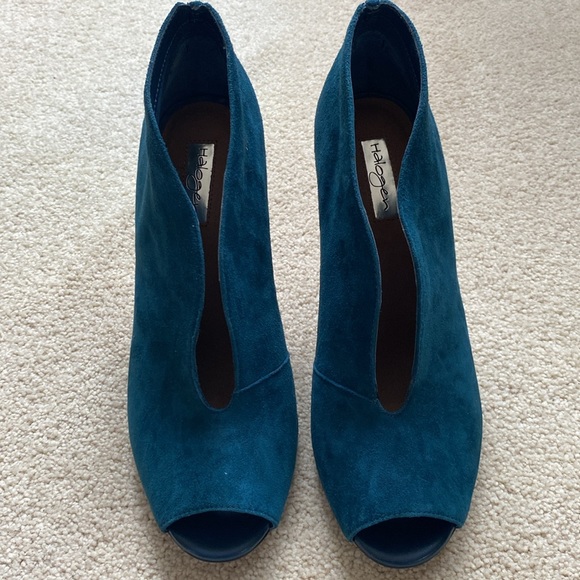 Like New! Halogen Women’s Hakatrina Teal Suede Peep Toe Bootie Heels - Picture 2 of 12